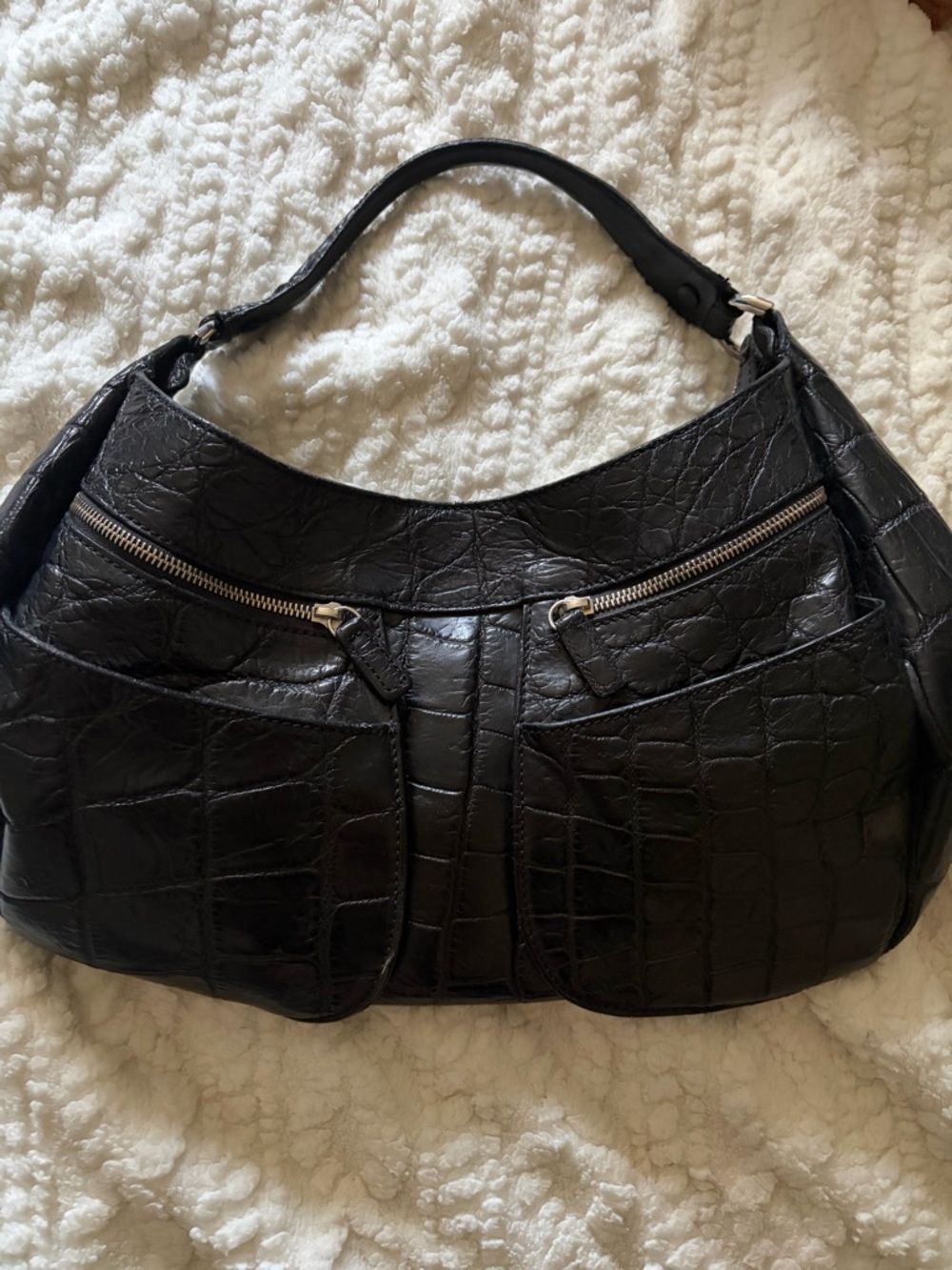 Mauro Governa Black Croc-Embossed Shoulder Bag